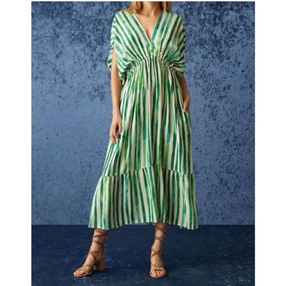 Marie Oliver Green and White Tiered Sundress with Plunge Neckline
